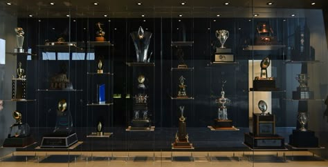 trophy display Trophy Showcase Design, Award Display Wall, Awards Display Wall, Award Room, School Trophy, Award Shelves, Trophy Display Shelves, Award Wall, Awards Display