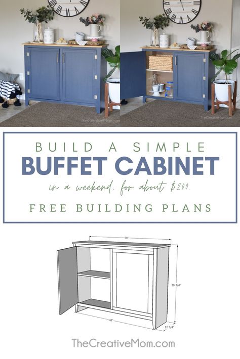 How to build a simple buffet cabinet with free building plans How To Build A Buffet Cabinet, Buffet Cabinet Plans, How To Make A Buffet Cabinet, Buffet Cabinet Diy, Diy Buffet Cabinet, Small Buffet Cabinet, Simple Buffet, Diy Liquor, Living Room Bar Cabinet