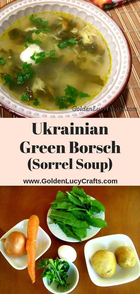 Learn how to cook traditional Ukrainian green borscht (or sorrel soup). Green borscht recipe, green borscht soup, sorrel soup borscht, sorrel soup vegan, sorrel soup eggs, sorrel soup recipe, sorrel soup green, sorrel soup spring, #soup, #souprecipe Recipes With Sorrel, Russian Soups, Green Borscht Recipe, Ukrainian Dinner, Sorrel Recipes, Ukraine Recipes, Green Borscht, Homegrown Recipes, Ukrainian Dishes