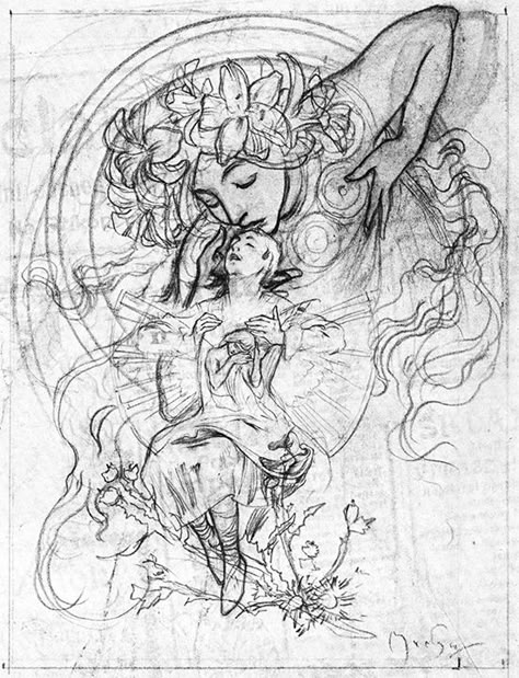 Alphonse Mucha - Sketch for an illustration in the book "Ilsee, Princesse de Tripoli" - 1897 - Art Nouveau Alphonse Mucha Sketch, Cherry Garcia, Alfons Maria Mucha, Art Nouveau Mucha, Alphonse Mucha Art, Mucha Art, Alfons Mucha, Art Nouveau Illustration, Nouveau Art