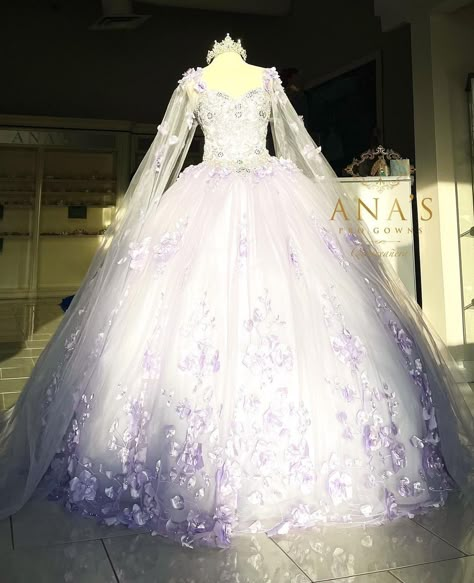 Purple Wedding Dress Aesthetic, Purple And White Sweet 16 Dresses, Purple Aesthetic Quince Dress, White Quinceanera Dresses With Purple Flowers, 15 Dresses Purple, Lilac And White Wedding Dress, Wedding Dress With Lilac Accents, Wedding Dresses Light Purple, White And Purple Quince Dress