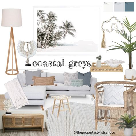 Coastal Indoor Plants Beach Houses, Beach House Grey Couch, Coastal Nook Ideas, Grey Couch Beach Living Room, Coastal Chic Apartment, Coastal Grey Bedroom, Scandi Beach House Interior Design, Modern Coastal Accent Wall, Modern Coastal Decor Living Room Casual