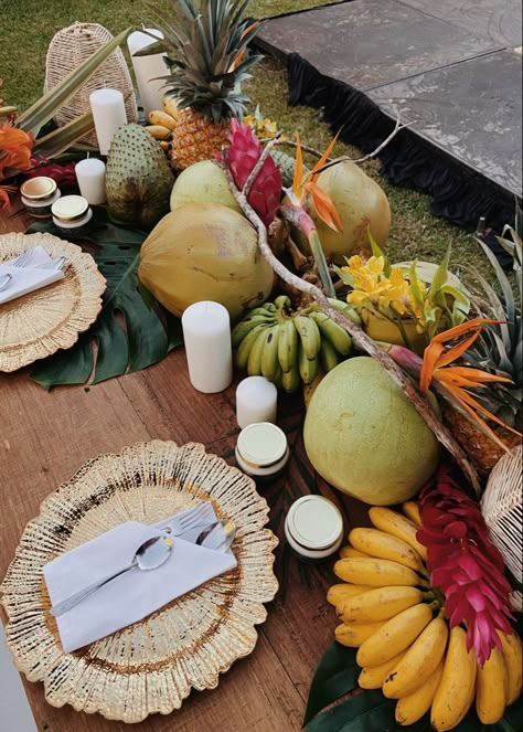 Table Decoration With Fruits, Banana Wedding Decor, Banana Leaf Table Setting, Banana Leaf Table Decor, Tropical Table Scape, Fruit Centerpieces Wedding, Fruit Table Decor, Filipiniana Wedding Theme, Tropical Table