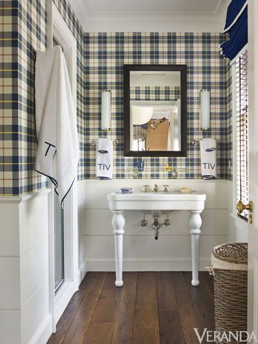 Gotta love the wallpaper. I will always be a sucker for plaid! Kitchens Country, Timeless Bedroom, Tartan Wallpaper, Sugar Mama, White Wainscoting, Boy Bath, Plaid Wallpaper, Design Boards, Subway Tiles