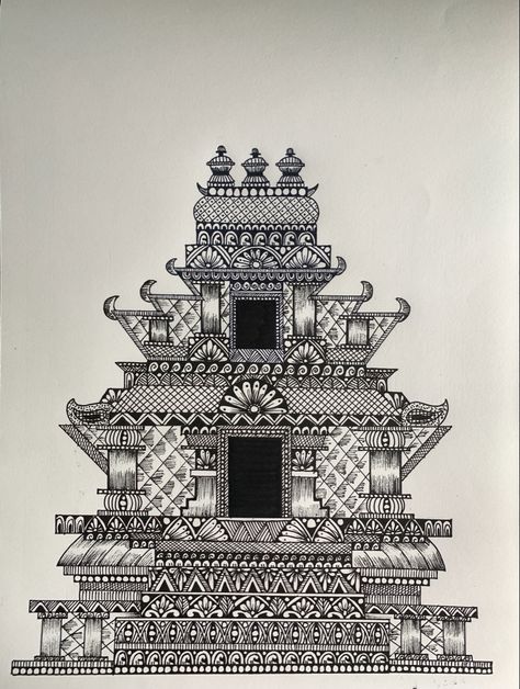 Ancient Mandala Art, Monuments Mandala Art, Gopuram Drawing, Temple Mandala Art, Monument Mandala, Mandela Art Design, Temple Art Drawing, Temple Drawing Indian Simple, Temple Drawing