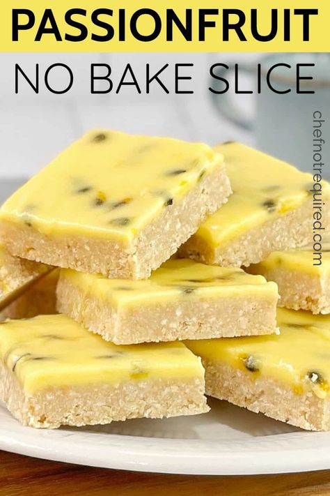 Fruit Slice Recipe, No Bake Slice, Passionfruit Dessert, Fruit Squares, Condensed Milk Recipes Easy, Passionfruit Slice, Vegan Bars, No Bake Slices, Passionfruit Recipes