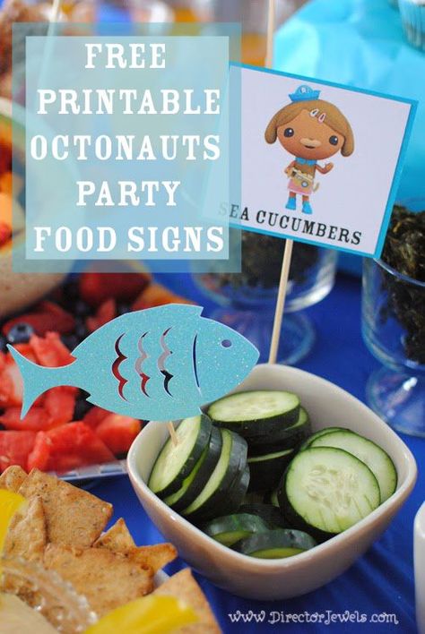 Octonauts Party Ideas | Free Printable Octonauts Party Food Signs at http://directorjewels.com Octonauts Birthday Party Food, Felix Birthday, Fishing Baby Shower, Birthday Party Food Ideas, Party Food Signs, Underwater Birthday, Octonauts Birthday Party, Octonauts Party, Nemo Party