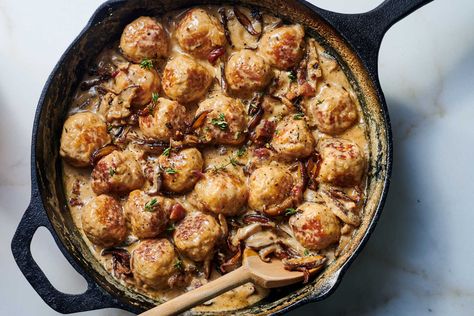 Coq au vin blanc, a creamy, delicate French dish, is very different from the classic coq au vin made with red wine Turning it into an easy skillet dinner of chicken meatballs in mushroom sauce is the kind of trick that has made Half Baked Harvest a wildly popular recipe site in the last decade Tieghan Gerard, its creator, is a home cook from a big family who has sold millions of cookbooks Coq Au Vin Meatballs, Nyt Recipes, Easy Skillet Dinner, Tieghan Gerard, Easy Skillet, French Recipes, Skillet Dinners, French Dishes, Meatballs Recipe