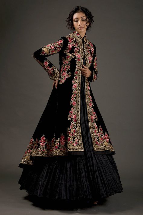 Shop for Rohit Bal Black Silk Velvet Embroidered Long Jacket for Women Online at Aza Fashions Fancy Maxi Dresses, Long Jacket For Women, Fancy Maxi, Fancy Maxi Dress, Long Jacket Dresses, Long Jackets For Women, Velvet Dress Designs, Maxi Dress Collection, Rohit Bal