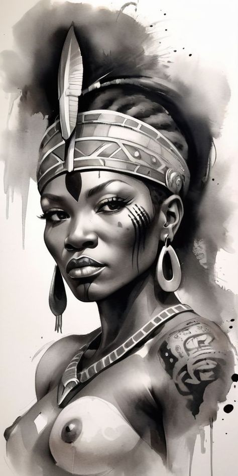 Woman Warrior Tattoo Design, Unique Sketch Ideas, African Queen Tattoo Goddesses, African Inspired Tattoos, Afro Samurai Tattoo, Woman Warrior Tattoo, Female Artwork Art, Warrior Women Art, African Tattoo Ideas