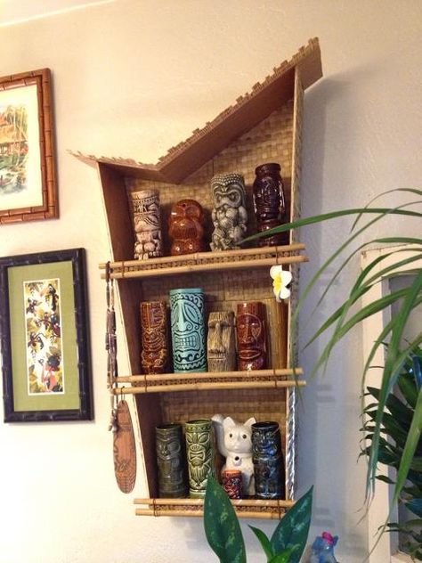 How do you display your tiki mugs? -- Tiki Central Tiki Bathroom, Tiki Modern, Shag Art, Outdoor Tiki Bar, Tiki Hawaii, Basement Redo, Tiki Style, Tiki Mugs, Tiki Decor