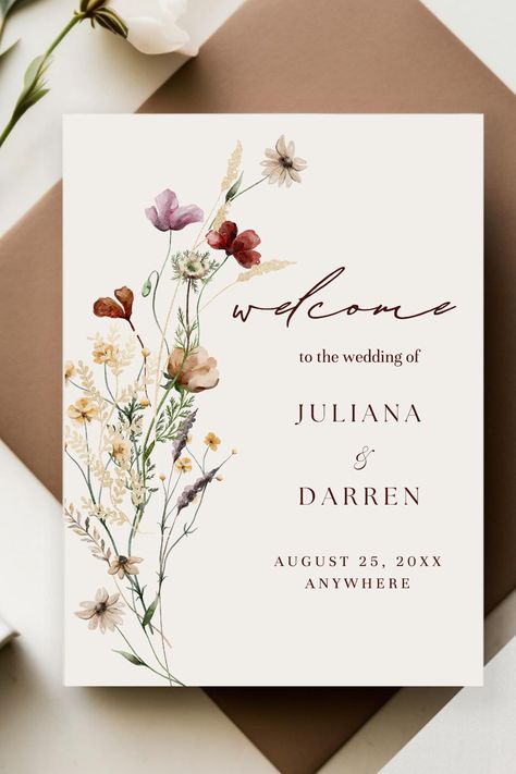 EDITABLE Wildflowers Wedding Welcome Sign Template Canva Edit Floral Wedding Reception Sign Instant Download Printable Poster Juliana  #wedding #welcomewedding #wildflowerwelcome #floralmeadow #weddingdecors #weddingreception #tabletopsigns #beigebohoflowers #instantdownload Wedding Flower Invitation, Wedding Card Design Templates, Canva Posters Design, Invitation Wedding Design, Engagement Poster, Wedding Welcome Card, Floral Card Design, Reception Only Wedding Invitations, Wedding Invitation Flower