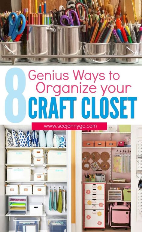 Closet Organization For Crafts, Small Craft Closet, Closet Craft Space, Diy Craft Closet, Craft Closet Organization Ideas, Scrapbook Furniture, Organize Crafts, Organizing Clutter, Craft Room Organisation