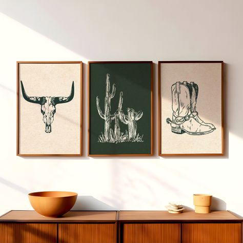 Set of 3 Cowboy Western Wall Prints | Teal and White Southwest Decor | Minimalist Gallery Wall Art | Southwest Landscape | Digital Download Wester Wall Art, Over The Bed Wall Decor Western, Western Bathroom Wall Decor, Western Style Bedroom Decor, Modern Western Wall Decor, Above Bed Frame Decor, Cowboy Wall Decor, Living Room Prints Ideas, Western Wall Prints