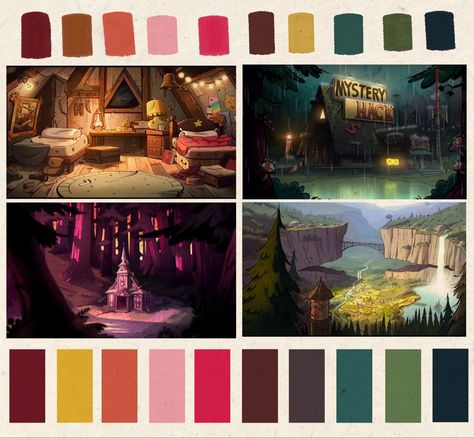 Concept Art Color Palette, Colour Palette For Illustration, Environment Colour Palette, Illustrations Color Palette, Colour Script Animation, Gravity Falls Landscape, Fantasy Color Palette Concept Art, Gravity Falls Color Palette, Apocalypse Color Palette