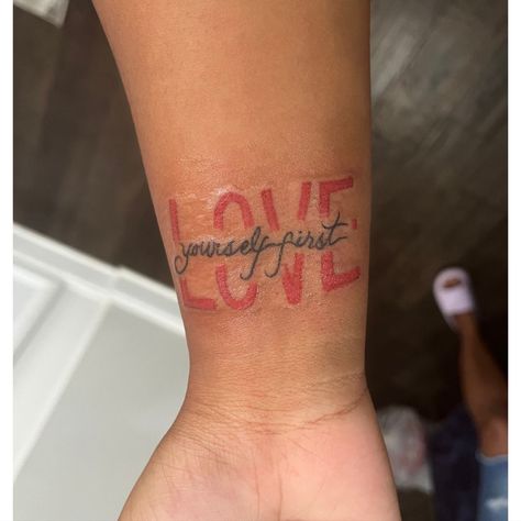 ✨✨"Love Yourself First" Love Yourself Tattoos For Black Women, F.l.y First Love Yourself Tattoo, First Love Tattoos, Love Yourself Tattoos For Women, Love Flower Tattoo, Female Quote Tattoos, Love Yourself First Tattoo, Love Tattoos For Women, Love Tattoo Ideas