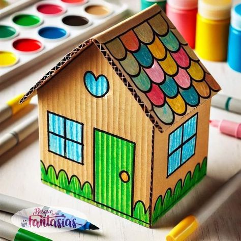 Kids Easy Crafts Simple, House Making Craft, Easy Cardboard Crafts, Cardboard Houses For Kids, Carton House, Popsicle Stick Crafts House, Cardboard Crafts Kids, Cardboard Creations, Kids Worksheets