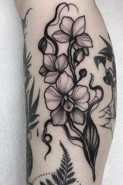 Orchid Tattoo Meaning, Noir Tattoo, Black And White Tattoo, Orchid Tattoo, White Tattoos, Floral Tattoo Design, Botanical Tattoo, Black Tattoo, Aesthetic Tattoo