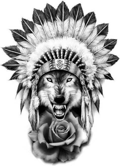 Wolf With Headdress Tattoo, Headdress Art, Headdress Tattoo, Fire Fighter Tattoos, Piece Tattoo, Native Tattoos, Back Piece Tattoo, Tattoo Outline Drawing, Jesus Tattoo