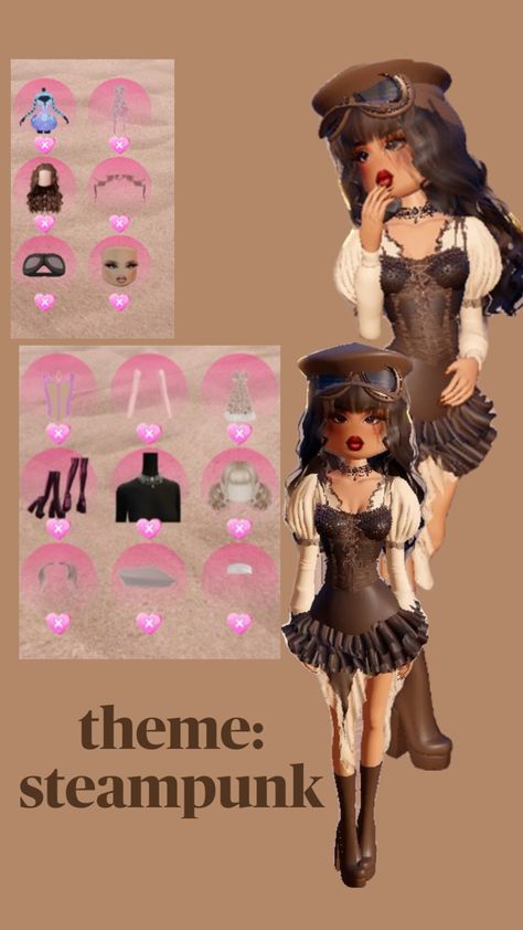 outfit for dress to impress, theme is steampunk Dti Theme Steampunk, Steam Punk Dress To Impress No Vip, Steampunk Theme, Steampunk Dress, Dti Fits, Rblx Fits, Dti Outfits, Steam Punk, Outfits Ideas