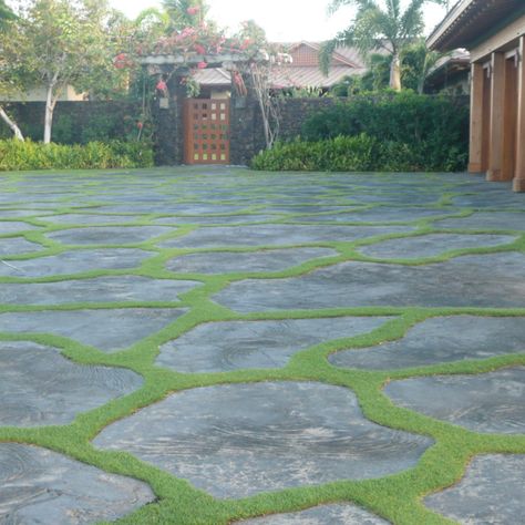 Hawaiian driveways ( Idea for redoing drive way/walk ways) Moss Driveway, Flagstone Driveway Ideas, Green Driveway, Driveway Inspiration, Grass Driveway, Permeable Driveway, Broken Concrete, Front Walkway, Parking Area