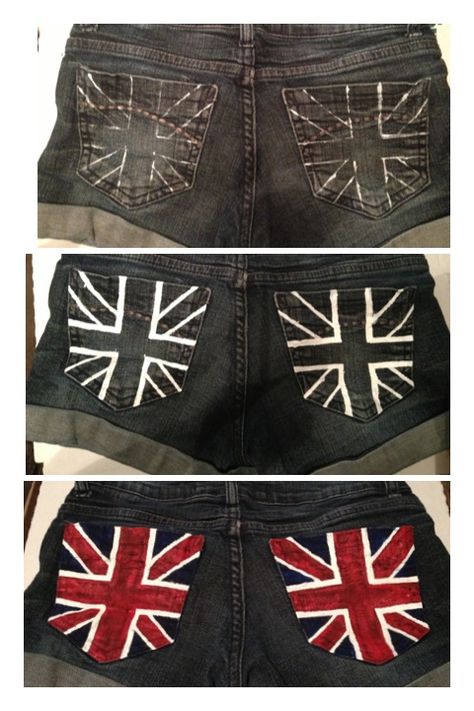 Short photo tutorial on painting the British flag onto jean shorts. Diy Jean Shorts, Teen Projects, Custom Pants, Upcycling Clothes, Diy Textiles, Punk Clothing, Diy Shorts, Jack London, Uk Flag