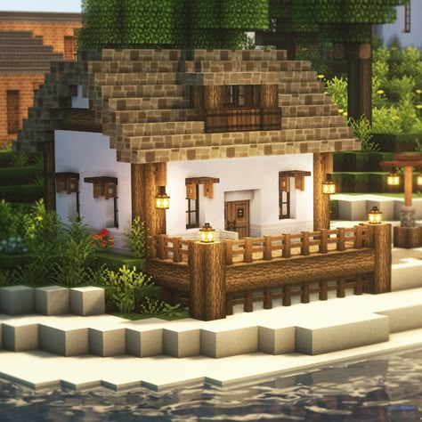 Minecraft Outdoor Kitchen Ideas, Beach Cottage Minecraft, Minecraft Beach Builds, Minecraft Campsite Ideas, Minecraft Cottage Ideas, Minecraft Beach Ideas, Minecraft Lake House, Minecraft Fireplace, Cottage On The Beach