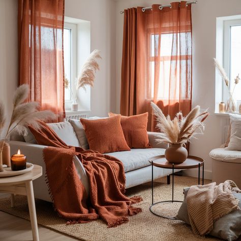 Rust Decor Living Room, Rust Couch Living Room Ideas, Terracotta Living Room Decor, Orange Living Room Decor Ideas, Burnt Orange Living Room Decor, Terracotta Living Room, Room Fall Decor, Burnt Orange Living Room, Brown Decor