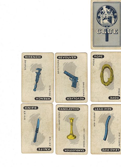 Vintage Clue game cards (weapons) by OnFoot4now (Didi), via Flickr Clue Play, Card Game Template, Life Size Games, Clue Game, Movie Night Ideas, Clue Board Game, Clue Cards, Clue Party, Clue Games