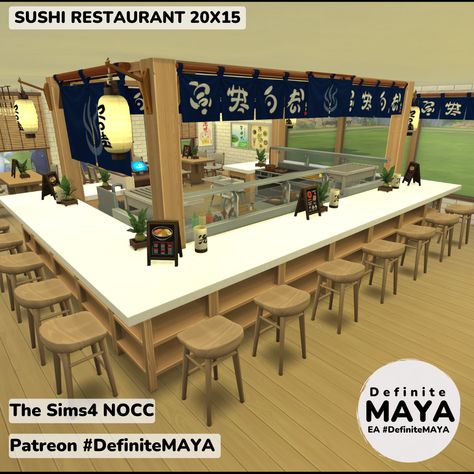 Sims 4 Sushi Restaurant, Japanese Restaurant Exterior, Japanese Bar, Restaurant Exterior, The Sims 4 Packs, Sims 4 House Design, Sushi Restaurants, Japanese Restaurant, Sims 4 Collections