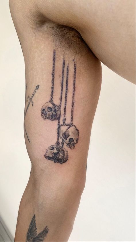 Guys Knee Tattoo, Biceps Cover Up Tattoo, Upside Down Skull Tattoo, Sick Skull Tattoos, Double Headed Raven Tattoo, 666 Dice Tattoo, Mens Horror Tattoos, Wasting Time Tattoo, Grim Reaper Rib Tattoo