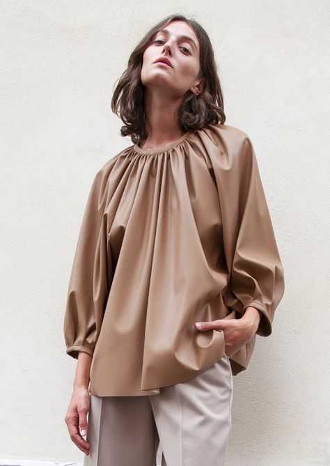 Frankie Shop Faux Leather Gathered Neck Top in Camel Brown Facetime Dates, Faux Leather Top, The Frankie Shop, Fashion Tops Blouse, Frankie Shop, Box Top, Fall Fashion Trends, Limited Stock, Minimal Fashion