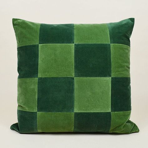 Green Decor Pillows, Checkered Pillow, Yellow Headboard, Green Floor Lamp, Ombre Curtains, Throw Pillow Combinations, Checkered Decor, Fun Throw Pillows, Living Room Pillows