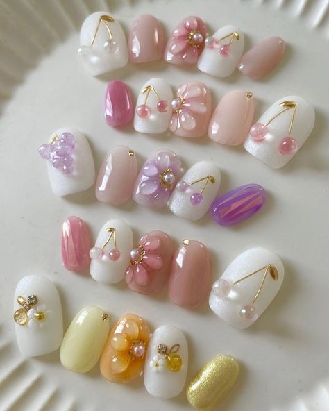 Gel X Nails Korean, Christmas Kawaii Nails, Japanese Nail Art Kawaii, God Nails, Kawaii Nails Acrylic, Grape Nails, Japanese Nail Design, Fake Nails Designs, Beauty Nails Design