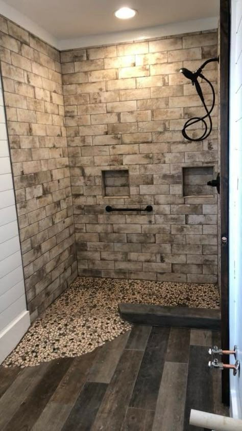 Slate Shower Ideas Bathroom, Walk In Shower Rustic, Walk In Shower No Door Farmhouse, Stone Walk In Shower Ideas, Farmhouse Walk In Shower Ideas, Rustic Shower Ideas Bathroom, Rustic Master Bath Ideas, Rustic Bathroom Tile Ideas, Farmhouse Shower Ideas