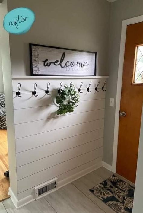 Shiplap Entryway, Bedroom Reveal, Entry Wall, Diy Shiplap, White Shiplap, Remodeling Mobile Homes, Up House, Laundry Room Makeover, Entry Way