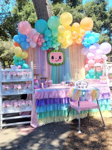 Girly Cocomelon Birthday Party, Cocomelon Party Ideas Pastel, Coco Melon Decoration Ideas, Pink Cocomelon Party, Pink And Green Cocomelon Party, Coco Melon Girl Party, Cocomelon Party Ideas 1st Birthday, Coco Melon 2nd Birthday, Coco Melon 2nd Birthday Party Girl