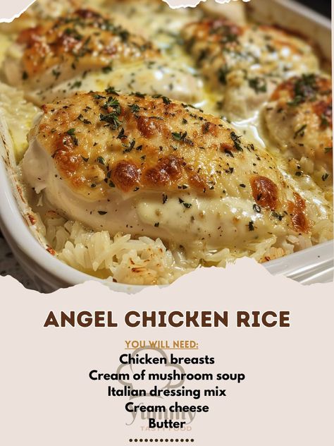 👼🍚 Experience heavenly flavors with Angel Chicken Rice! A divine dinner option. #AngelChickenDelight Angel Chicken Rice Ingredients: Chicken breasts (1 lb) Cream of mushroom soup (1 can) Italian dressing mix (1 packet) Cream cheese (4 oz) Butter (1 tbsp) Chicken broth (1 cup) White rice (1 cup) Instructions: Place chicken in a baking dish. Heat soup, Italian dressing mix, cream cheese, and butter in a saucepan until blended. Pour over chicken, bake at 375°F for 30 minutes. Cook rice in chic... Angel Chicken Rice, Chicken And Rice Crockpot, Soup Italian, Angel Chicken, Chicken Rice Recipes, Italian Dressing Mix, Cook Rice, Cream Of Mushroom Soup, Chicken Bake