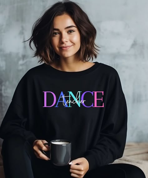 Dance Teacher Outfits Fashion, Dance Tshirt Ideas, Dance Teacher Outfits, Tod Bag, Dance Shirts Ideas, Dance Jackets, Pilates Shirt, Dance Logo, Teacher Sweater