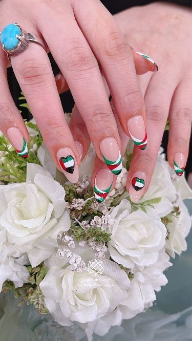 Uae Flag Day, Uae Flag, Acrylic Nails Almond Shape, Flag Nails, Art Goals, Spa Lounge, Nail Art Trends, Flag Day, Almond Acrylic Nails