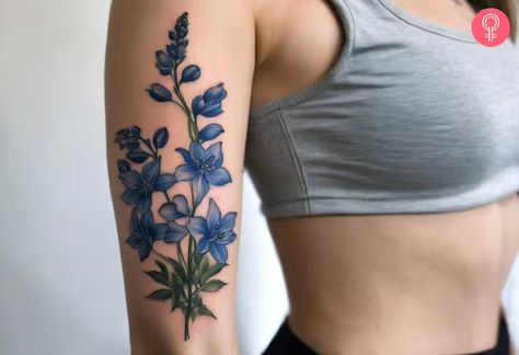 8 Astonishing Delphinium Tattoo Ideas To Flaunt Delphinium Tattoo Design, Delphinium Flower Tattoo, Blue Flower Tattoo, Delphinium Tattoo, Blue Flower Tattoos, Larkspur Tattoo, Water Lily Tattoos, Butterfly Hand Tattoo, Larkspur Flower