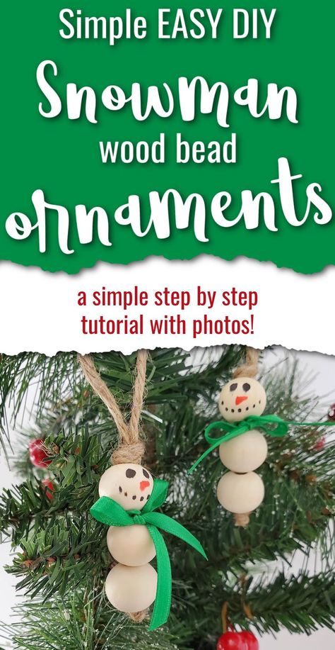 two wood bean snowman christmas ornaments hanging on a tree, text overlay Easy Simple DIY Snowman wood bead ornaments; a simple step by step tutorial with photos! Easy Diy Snowman, Christmas Ornament Crafts For Kids, Ornament Crafts For Kids, Easy Craft Ideas For Kids, Easy Diy Paint, Craft To Make, Diy Christmas Ornament, Homemade Ornaments, Snowman Christmas Ornaments