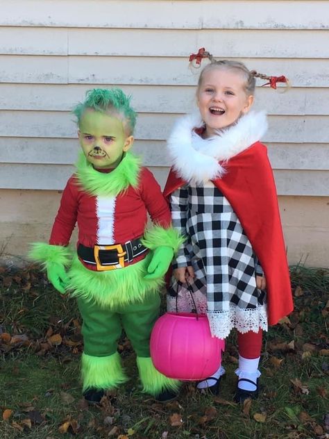 The grinch and cindy lou who costume. Diy. Halloween. Cindy Lue Who Costume, Cindy Lou Who Costume Diy Kids, Dress Like A Who From Whoville, Grinch And Cindy Lou Costume, Grinch Costume Diy, Baby Grinch Costume, Diy Grinch Costume, Kids Grinch Costume, Cindy Lou Costume