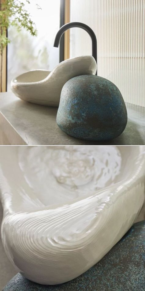 The 3D-printed ceramic sink rests against a rock-shaped form cast from brass with a minimalist black tap complementing the overall look. The sink improves the level of graciousness when it comes to your bathroom and kitchen. Rock Sink, Master Ensuite Bathroom, Artistic Bathroom, Modern Powder Room, Big Basin, Unique Sinks, Smart Faucet, Bathroom Ceramic, Ceramic Bathroom Sink