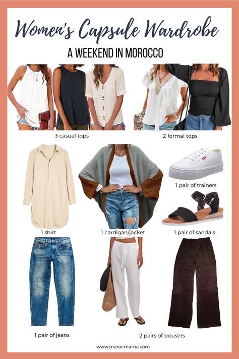 Keeping things simple is one of the best things you can do when deciding what to pack for Morocco. This women's capsule wardrobe will get you started. Morocco Capsule Wardrobe, Morocco Travel Outfit What To Wear, Travel Capsule Wardrobe Morocco, Morocco Travel Guide, Morocco Packing List, White Linen Trousers, Official Dresses, Formal Tops, Travel Capsule