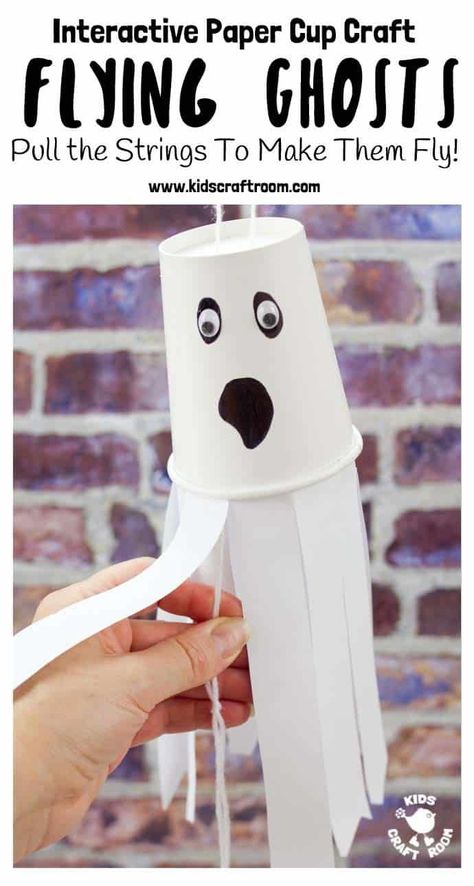 Do your kids love interactive Halloween crafts? We do! It's so fun to make something and then be able to play with it too. This easy Paper Cup Flying Ghost Craft is sure to be a hit! Pull the strings to see the paper cup ghosts fly up and down! So spooky and fun! #halloween #halloweencrafts #halloweendecorations #kidscrafts #crafts #ghosts #ghostcrafts #papercups #papercupcrafts #kidscraftroom via @KidsCraftRoom Halloween Crafts Diy Projects, Halloween Stem Activities, Spooky Outfits, Ghost Craft, Mummy Crafts, Paper Cup Crafts, Flying Ghost, Fun Halloween Games, Halloween Crafts Preschool