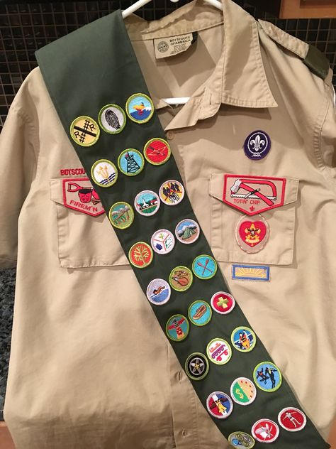 All Eagle Scout patches positioned and sewn on for nephews big day. Scout Patches, Baptism Gown, Eagle Scout, Dress Alterations, Boy Scouts, Big Day, Sewing Projects, Camping, Couture