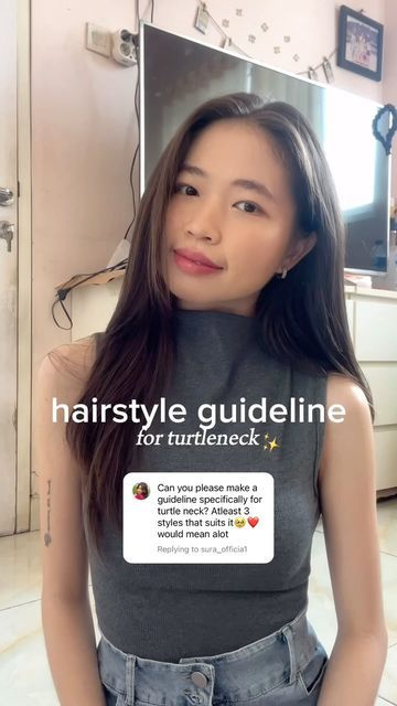 hi I��’m Audrey🤍 on Instagram: "simple hair guideline for wearing turtleneck👧🏼✨ the big no hairstyle for turtleneck is high bun, it will make you look chubbier and shorter❌ don’t forget to save and follow @hi.audreyy 🫶🏻 • • • #hairstyle #hairtheory ##outfitinspo #fitcheck #outfit #style #fashion #fashiontrends #ootdindo" Hairstyles To Wear With Turtlenecks, Hair For Turtleneck, How To Style Hair With Turtleneck, Hair Styles For Turtle Neck Top, Hairstyles With Turtlenecks, Hairstyle For Turtle Neck Outfit, Hairstyles For Turtlenecks, High Neck Hairstyles, Turtleneck Hairstyle