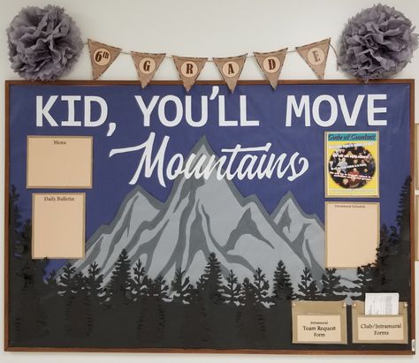 Move Mountains Back to School Mountain Bulletin Board Mountain Bulletin Board, Travel Theme Classroom, Time Management College, Interactive Bulletin Boards, Camping Classroom, Ra Bulletin Boards, Camping Theme Classroom, Human Body Unit, Res Life