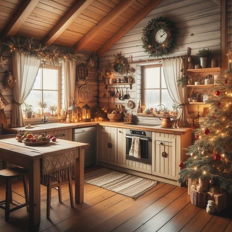 Cozy Rustic Cabin Interior, Cozy Country Aesthetic, Christmas Decorated Kitchen, Cosy Kitchen Ideas, Cozy Kitchen Cottage, Winter Cabin Aesthetic Interior, Fairytale Kitchen, Bedroom Ideas Bed, Cozy Christmas Kitchen